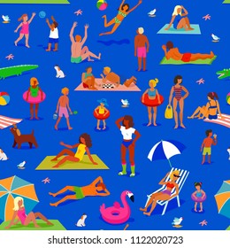 Seamless pattern. A lot of people on the night sandy beach. People relax and have fun. Night beach party.