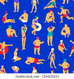 Seamless pattern. A lot of people on the night sandy beach. People relax and have fun. Night beach party. Summer vacation on the sea shore. Tropical party.