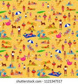 Seamless pattern. A lot of people on the sandy beach. Seashore. People relax and sunbathe. A beautiful sunny day. Summer vacation on the sea shore.