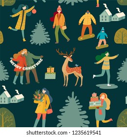 Seamless pattern with people on a winter background. Vector retro style texture.