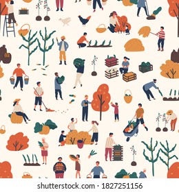 Seamless pattern with people pick autumn harvest at farms. Woman and man character work together at garden. Endless background with gardeners. Flat vector cartoon illustration of harvesting farmers