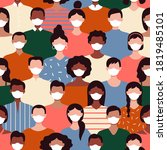 Seamless pattern with people in protective masks. Protest during the pandemic, Black lives matter, African Americans and white people against racism. Vector flat illustration. 