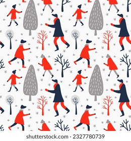 Seamless pattern of people in red clothes and blue trees. winter seamless vector of blue, red and gray for Christmas print for textiles or packaging.