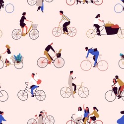 Seamless Pattern With People Riding Bikes Or Bicyclists. Backdrop With Men And Women On Bicycles. Colorful Vector Illustration In Flat Cartoon Style For Wrapping Paper, Textile Print, Wallpaper.