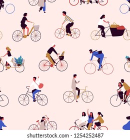 Seamless pattern with people riding bikes or bicyclists. Backdrop with men and women on bicycles. Colorful vector illustration in flat cartoon style for wrapping paper, textile print, wallpaper.