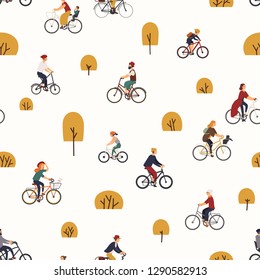 Seamless pattern with people riding bikes in autumn park with trees. Backdrop with men and women on bicycles. Vector illustration in flat cartoon style for wrapping paper, fabric print, wallpaper.