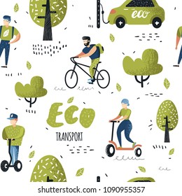 Seamless Pattern with People Riding Eco Transportation. Green Urban City Transport Background. Ecology Concept with Bicycle, Pushscooter, Electrical Car. Vector illustration