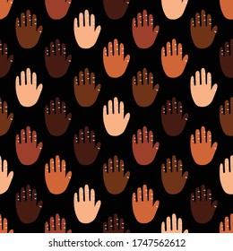 Seamless pattern of a people s hands with different skin color together. Symbol of race equality, diversity, tolerance. Human palm with different skin color tolerance and anti racism concept. Vector