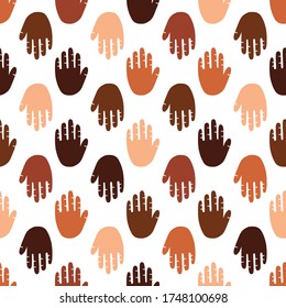 Seamless pattern of a people s hands with different skin color together. Symbol of race equality, diversity, tolerance. Human palm with different skin color tolerance and anti racism concept. Vector