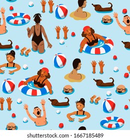 Seamless pattern with people in the sea. Vector.