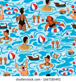 Seamless pattern with people in the sea. Vector.