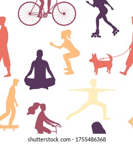 Seamless pattern of people silhouettes doing sports, activities,fitness. Men and women skating, biking, do exercises, walk the dog, do meditation. Relaxation. training outside home. Flat tiled pattern