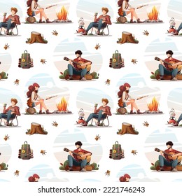 Seamless pattern with people sitting by campfire in the camp. Camping, traveling, trip, hiking, nature, campsite concept. Vector illustration. Perfect for product design, wallpaper, wrapping paper.