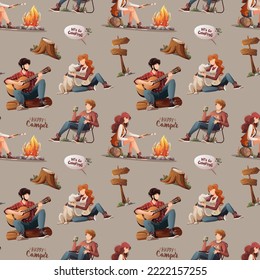 Seamless pattern with people sitting by campfire in the camp. Camping, traveling, trip, hiking, nature, campsite concept. Vector illustration. Perfect for product design, wallpaper, wrapping paper.