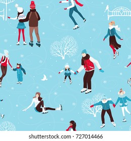 Seamless pattern with people skating, adults and baby, vector colorful illustration in red, turquoise, brown colors.