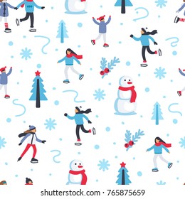 Seamless pattern with people skating on ice rink in winter season. Flat style vector illustration.