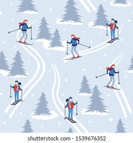 Seamless pattern with people skiing. Winter skiing leisure vector illustration.