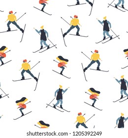 Seamless pattern with people skiing. Women and men go in for winter sports. Vector illustration.