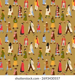 Seamless Pattern of People in Stylish Winter Outfits
