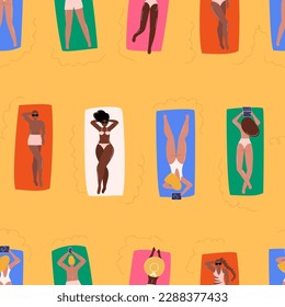 Seamless pattern with people sunbathing at beach. Diverse men and women in bikini lying on colorful towels, relax. Summer vacation at seashore. Top view. Vector illustration