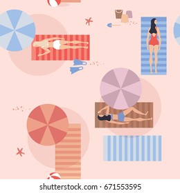 Seamless pattern of people sunbathing on the beach. Vector illustration