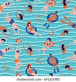Seamless pattern with people swimming and rests in the sea. Vector summer illustration with swimmers