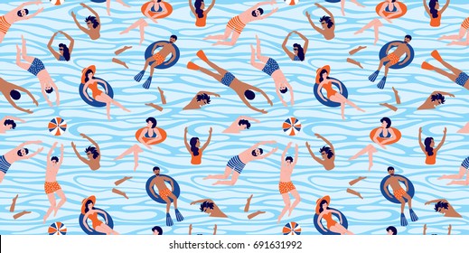 Patrón sin inconvenientes con la gente nadando y descansando en el mar. Ilustración vectorial de verano con nadadores