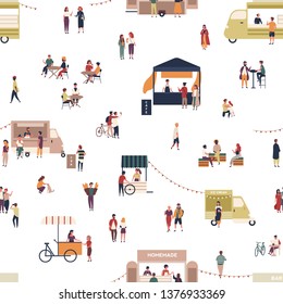 Seamless pattern with people walking among trucks or stalls, buying homemade meals, eating and drinking at outdoor cafe, street food festival. Flat cartoon vector illustration for textile print.