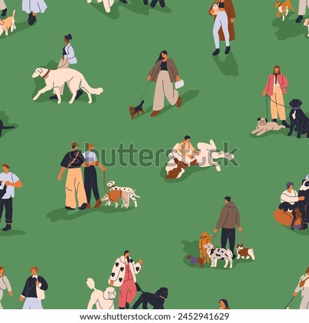 Seamless pattern, people walking with dogs in park. Endless repeating print design, cute puppies and pet owners strolling outdoors. Printable flat vector illustration for textile, fabric, wrapping