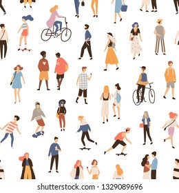 Seamless pattern with people walking on street, riding bike or skateboard. Backdrop with men, women and children performing outdoor activities. Flat cartoon vector illustration for textile print.