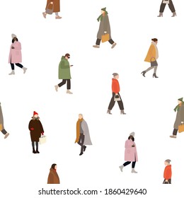 Seamless pattern with people walking on the street in winter. Group of different women isolated on white background. Vector illustration in flat cartoon style for wrapping paper, textile and more.