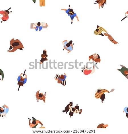 Seamless pattern of people walking top above view. Background with city crowd going, repeating print. Many modern characters outdoors overhead, texture design. Colored flat graphic vector illustration