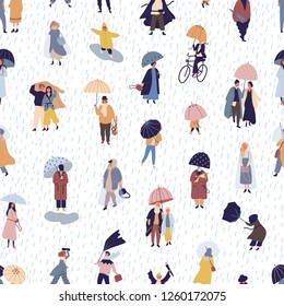 Seamless pattern with people walking under umbrella on autumn rainy day. Backdrop with men and women under rain, rainfall or shower. Colorful vector illustration in flat style for textile print.