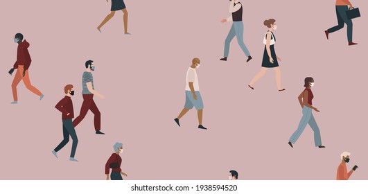 Seamless pattern with people walking wearing face masks isolated on white background. Man and women in respirators. Protection from coronavirus outbreak.