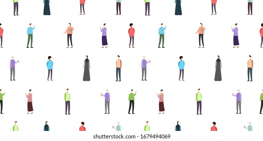Seamless pattern of people wearing a mask. Covid-19 coronavirus outbreak preventive with social distancing. vector illustration.