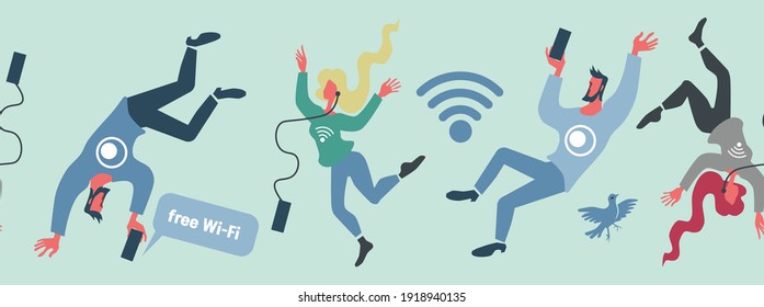 seamless pattern with people who use the phone and the internet. inscription: free internet