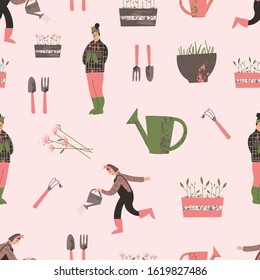 Seamless pattern with people working in garden and garden tools. Planting, growing and gardening concept. Design for textile, fabric, paper, cards. Flat vector illustration.