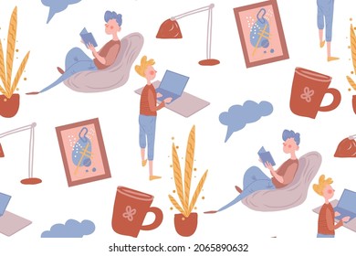 Gente de patrones sin foco trabajando en casa. Hombre, mujer. educación, negocios, tecnología.