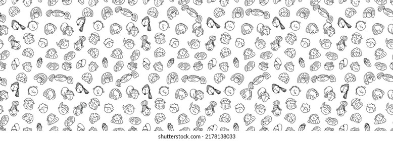 seamless pattern with peoples faces. black and white Sketch. Hand-drawn doodle style.. Line art. Different men and women. Cartoon characters. Vector illustration