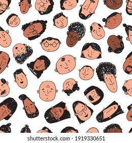 seamless pattern with peoples faces. Sketch. Hand-drawn graphics. Line art. Different men and women. Cartoon characters. Vector illustration