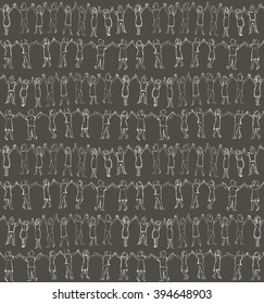 Seamless pattern of the peoples hands up roundelay. Vector sketch