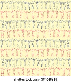 Seamless pattern of the peoples hands up roundelay. Vector sketch
