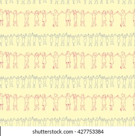 Seamless pattern of the peoples hands up roundelay. Vector sketch