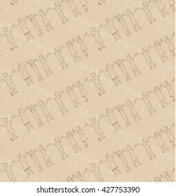 Seamless pattern of the peoples hands up roundelay. Vector sketch