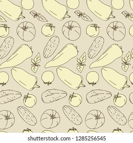 Seamless pattern with pepper, cucumber, tomato.