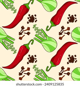 Seamless pattern with pepper and fennel.  Hand drawn vector illustration. Perfect for use to create culinary projects, branding, logo, menus, packaging, patterns, prints, textile design