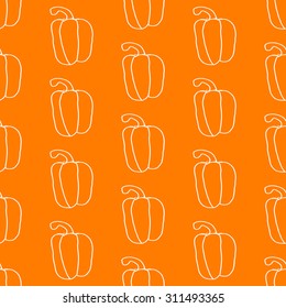 Seamless pattern with pepper. Flat design. Bright orange background. White forms of vegetable. Vector illustration. Symmetry.