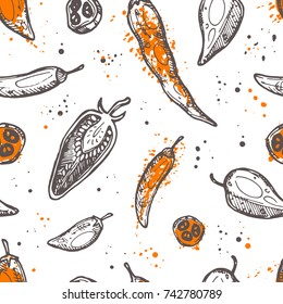 Seamless pattern with pepper. Ink hand drawn vector illustration with watercolor splash. Can be used for wrapping paper, street festival, farmers market, country fair, shop, menu, cafe, restaurant.