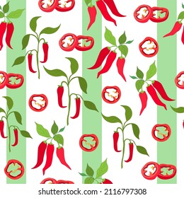 Seamless pattern of pepper pods on a branch and slices, pieces of red chili pepper. Hot pepper, paprika and spices. striped pattern of the cover, advertising, blog, menu and printing on fabric. Vector