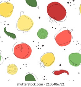 Seamless pattern with pepper and tomatoes, onion, paprika. Print with a vegetable for proper vegan nutrition. Vector graphics.